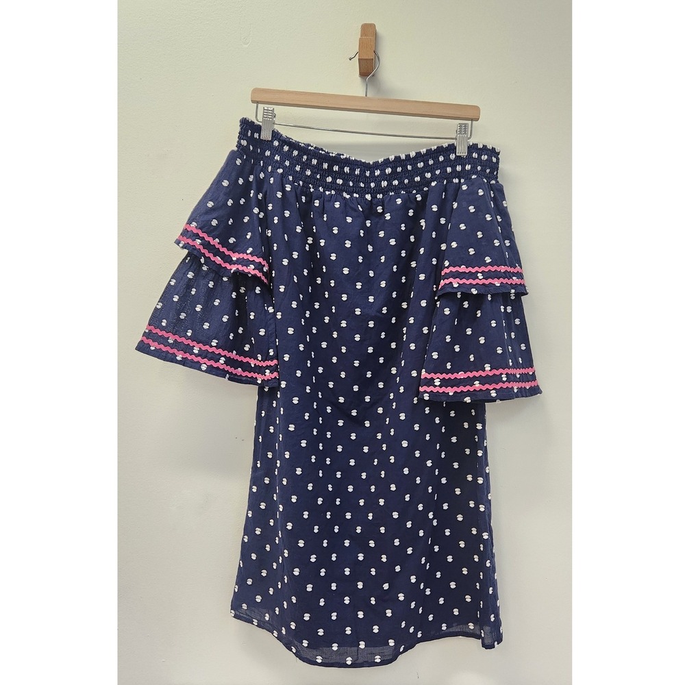 Sail to Sable Dress Women S Blue Off the Shoulder Clip Dot Smocked NWT Coastal
